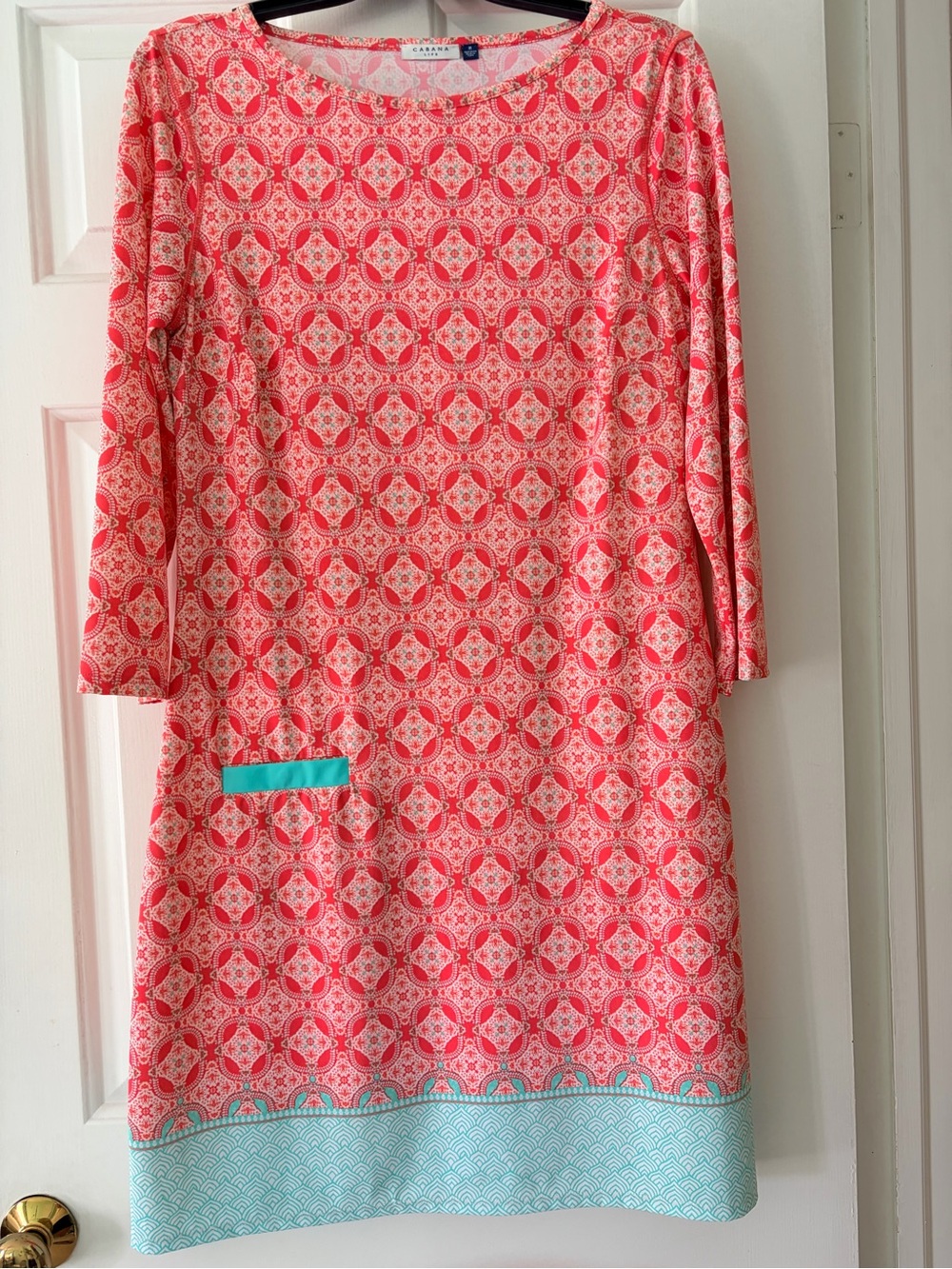 Cabana Life Coral Patterned Long-Sleeve Dress with Mint Trim
